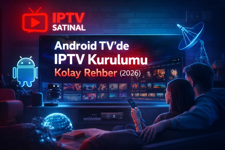 Android TV’de IPTV Kurulumu için İstanbul’da modern bir evde Android TV üzerinden IPTV arayüzü izlenen 2026 tarzı hero görseli
