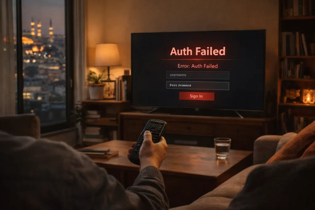 IPTV Giriş Hatası ekranında Auth Failed uyarısı