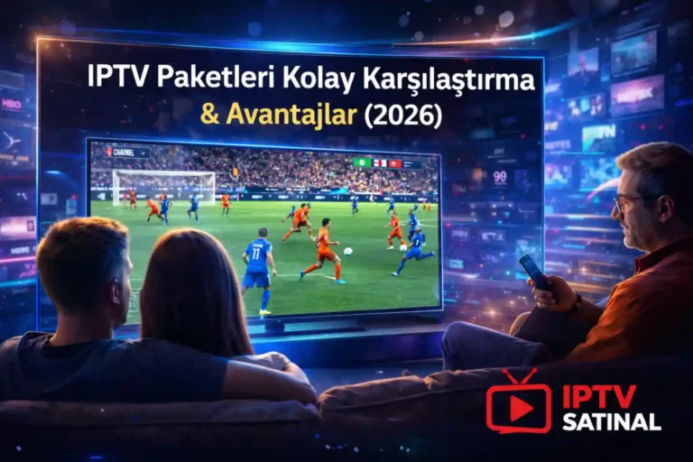 2026 model modern bir oturma odasında ailece televizyon başında yüksek kaliteli IPTV paketleri ile maç keyfi
