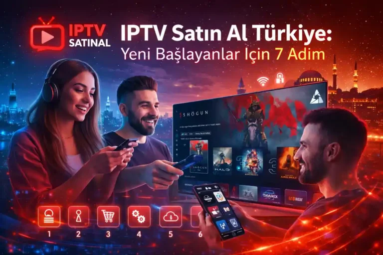 IPTV Satın Al Türkiye için İstanbul temalı modern bir evde, arkadaşların akıllı TV’de IPTV arayüzü izlediği 2026 tarzı hero görseli