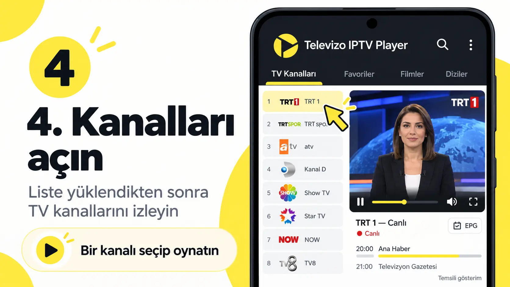 Televizo kurulum tamamlandıktan sonra TV kanalları ve EPG ekranı