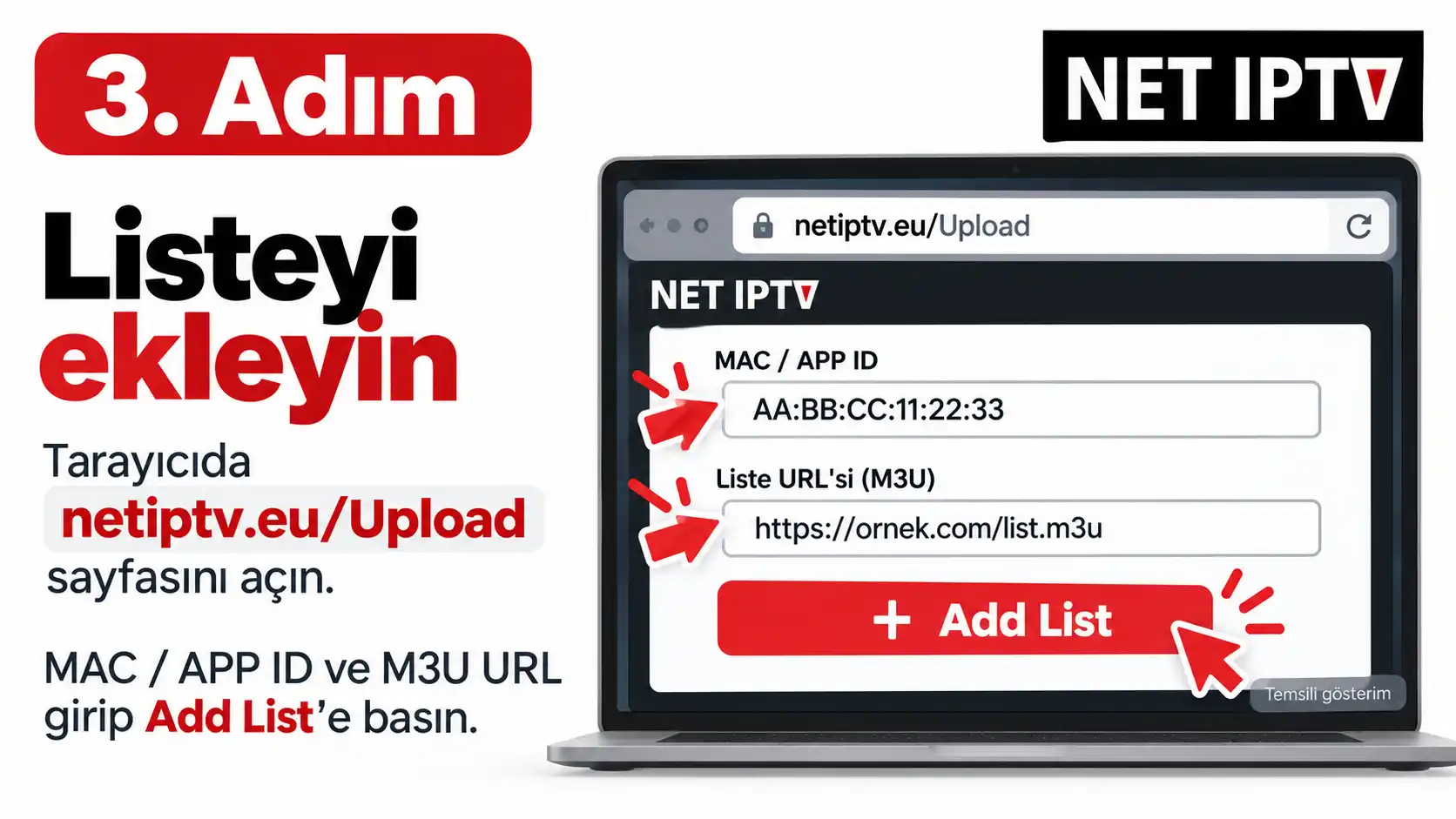 NET IPTV aktivasyon resmî Upload sayfasına MAC ve M3U URL ekleme