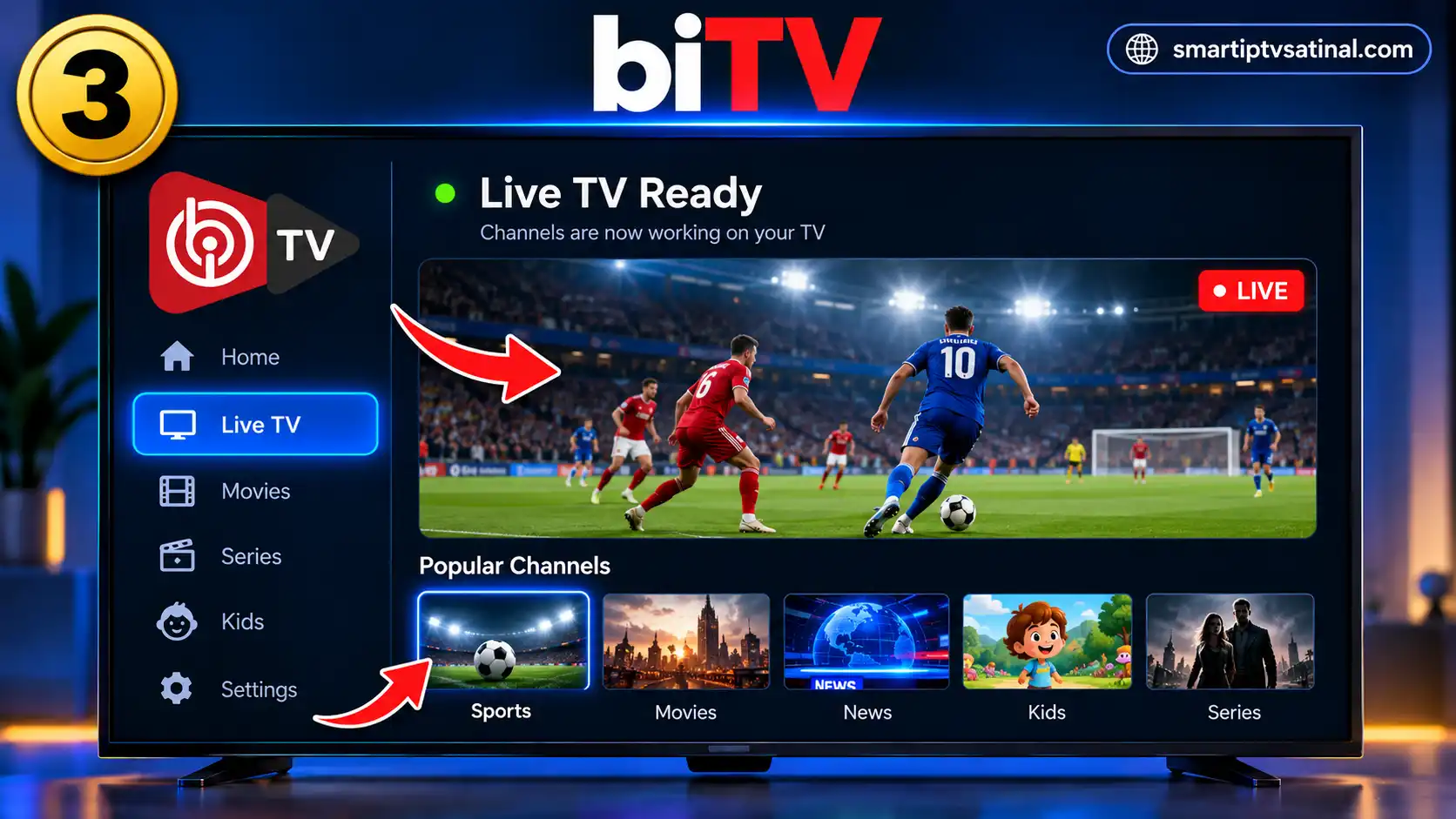 IBO Player kurulum tamamlandıktan sonra canlı TV film ve dizi menüsü
