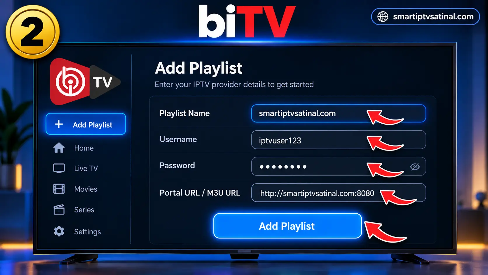 IBO Player kurulum Add Playlist kullanıcı adı şifre ve Portal URL ekranı