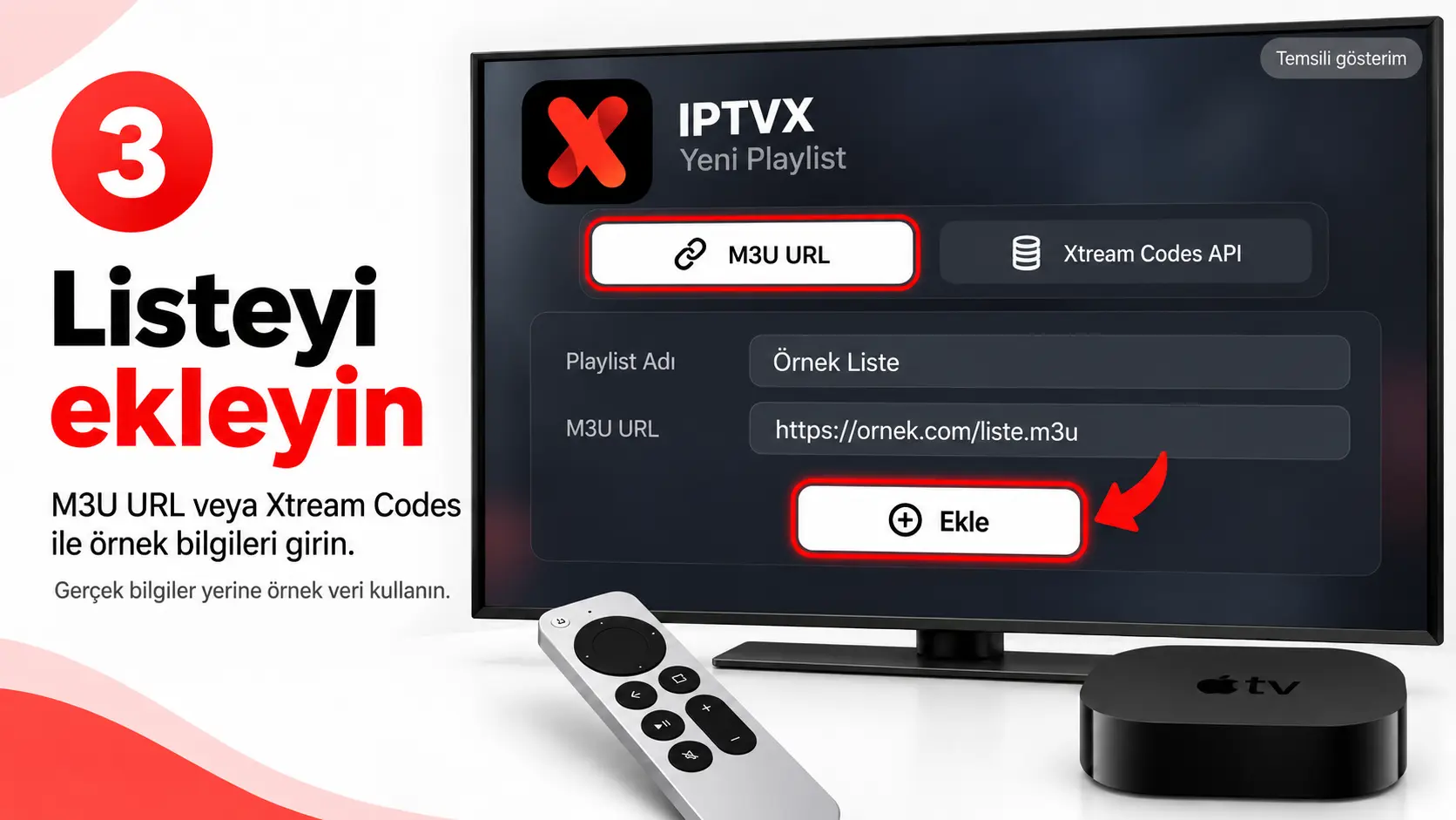 IPTVX kurulum üçüncü adım M3U URL veya Xtream Codes API ekleme