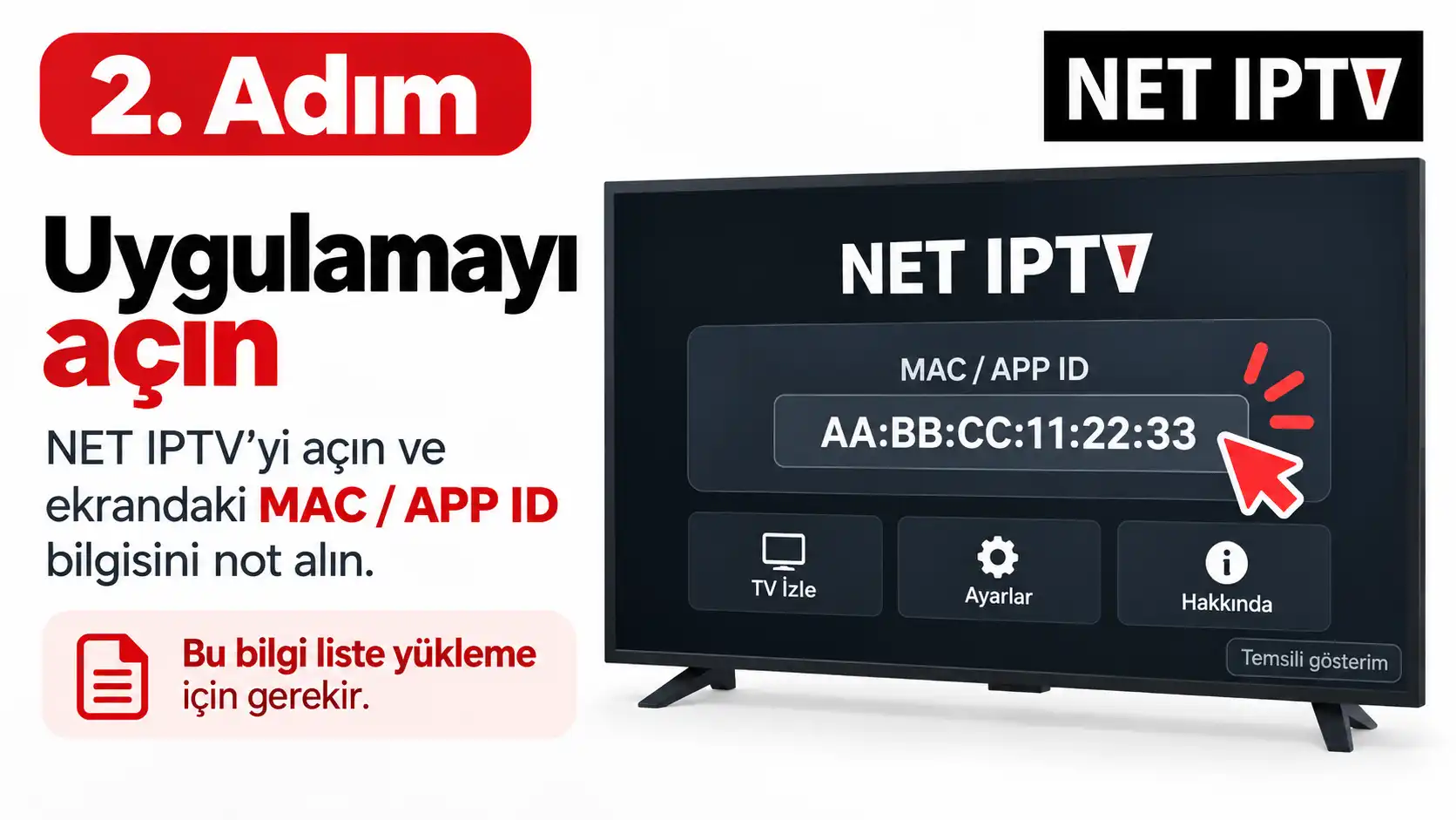 NET IPTV aktivasyon MAC veya APP ID bilgisini bulma ekranı