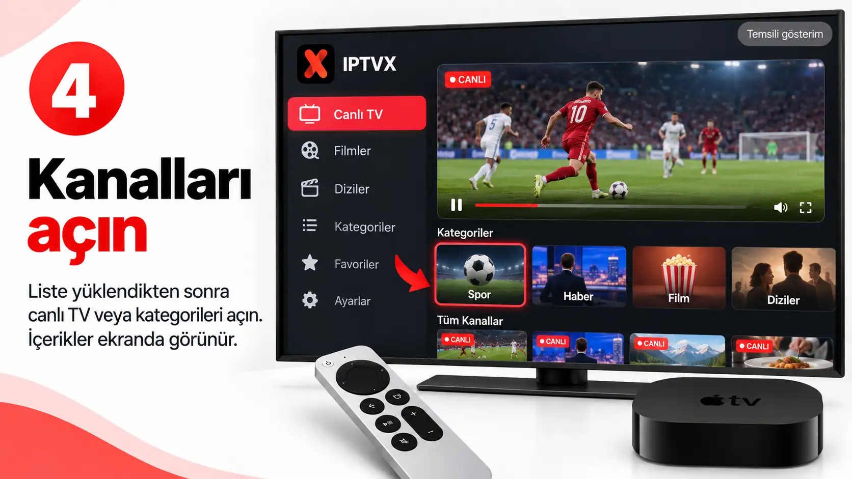 IPTVX kurulum tamamlandıktan sonra Apple TV canlı kanallar ekranı