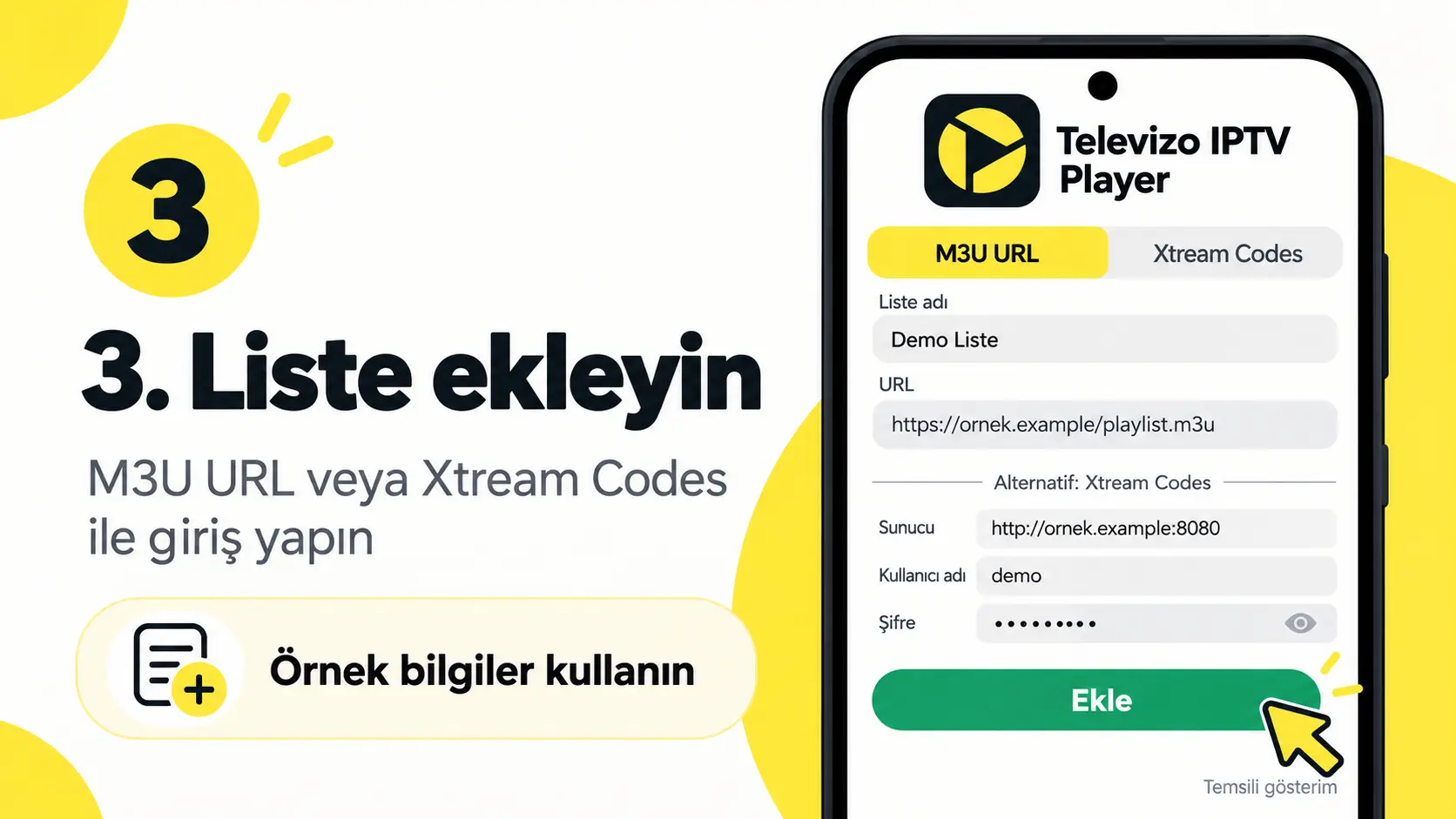 Televizo kurulum üçüncü adım M3U URL veya Xtream Codes ekleme