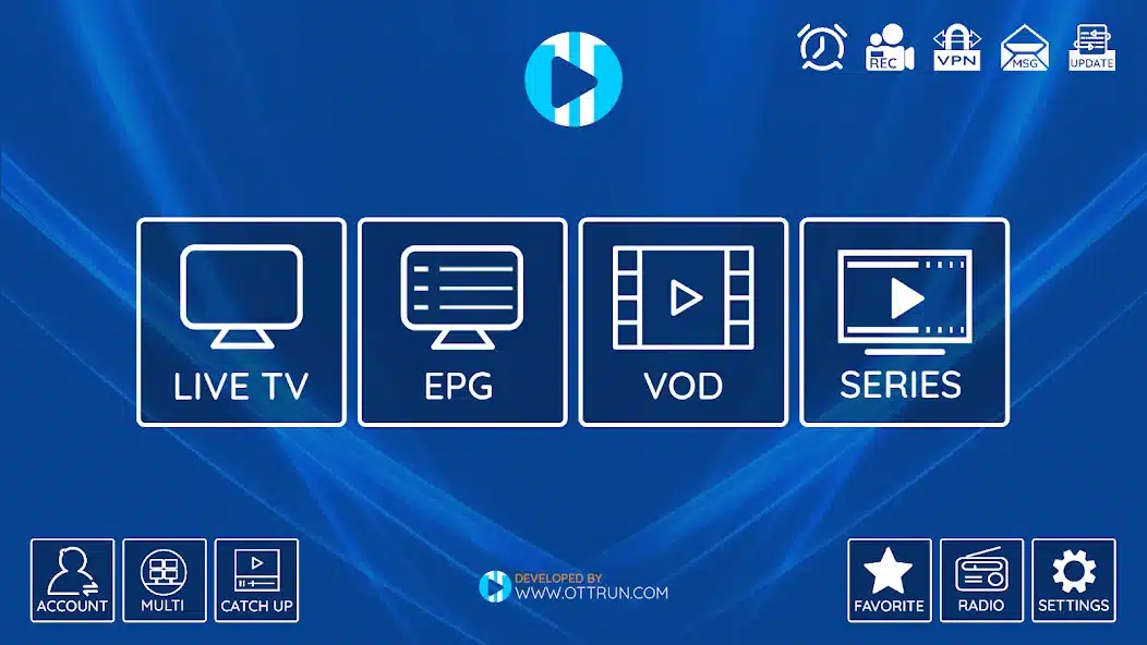XCIPTV kurulum tamamlandıktan sonra Live TV EPG VOD ve Series ana ekranı